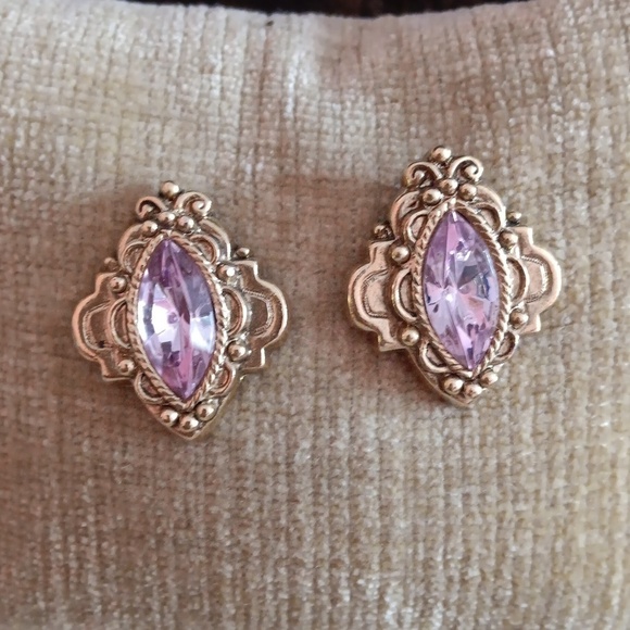 Gold Tone Pink Rhineston Post Earrings - Picture 6 of 6